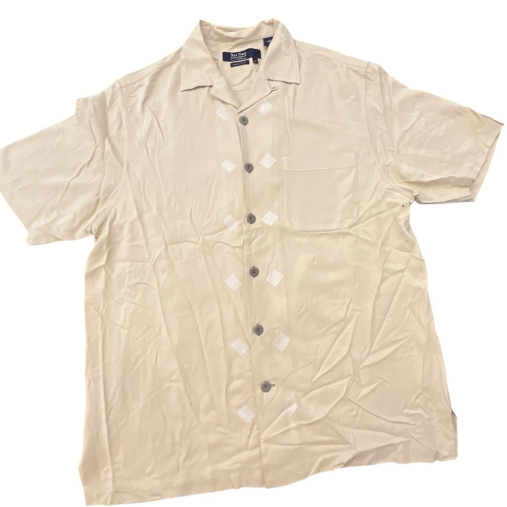 Nat Nast Luxury Originals 100% Silk Shirt Medium Khaki/White Button Up Diamonds